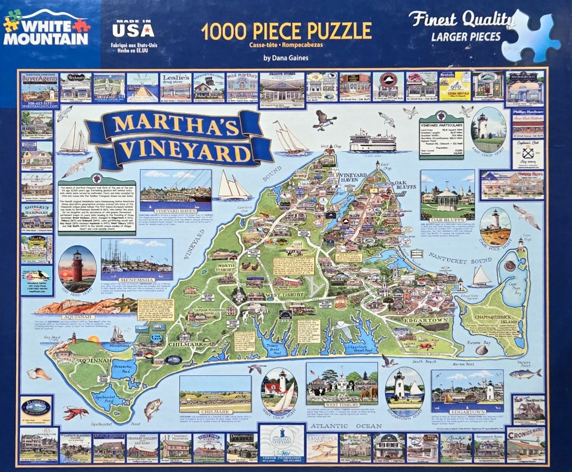 Illustrated map of Martha's Vineyard surrounded by vignettes of local landmarks and businesses.