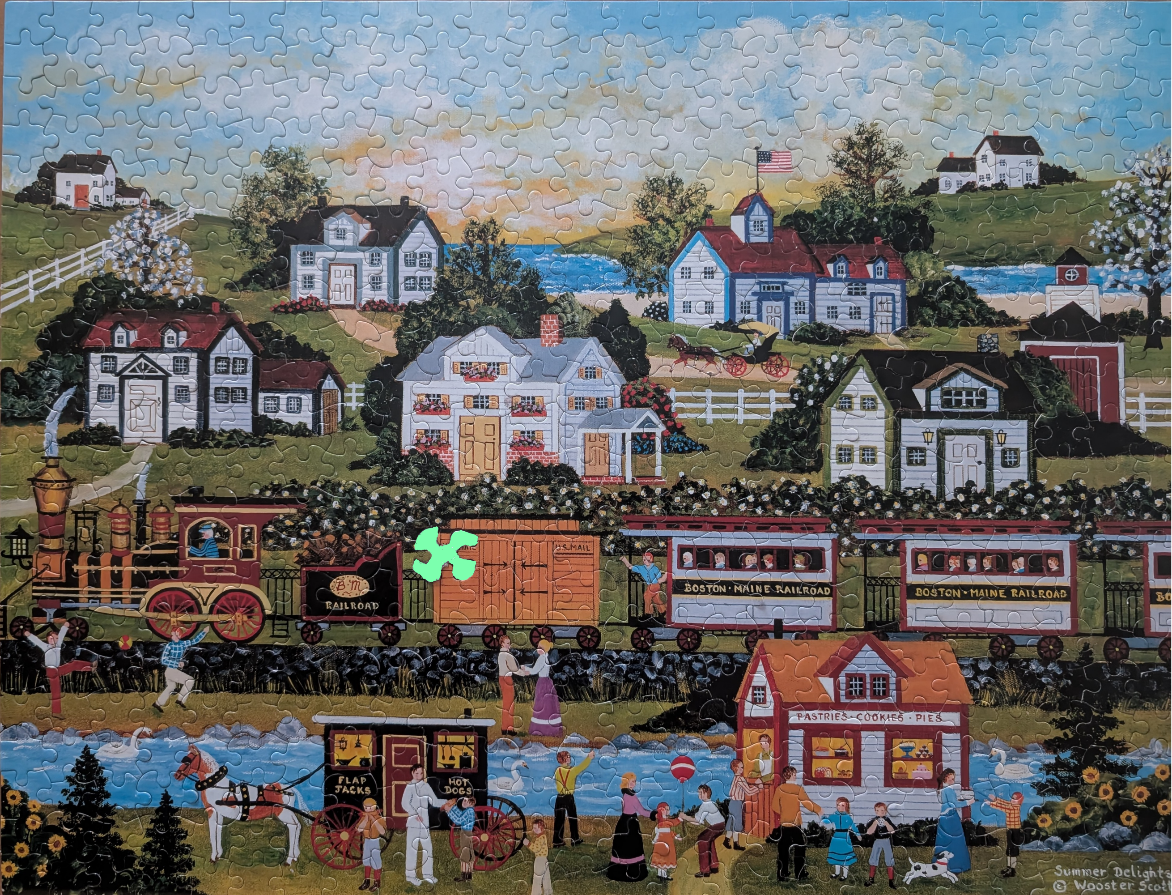 A folk art style illustration of a steam train passing through a quaint town with houses, shops, and figures.