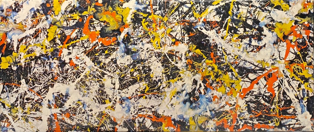 Abstract expressionist painting with energetic drips and splatters of black, white, yellow, orange, and blue paint.