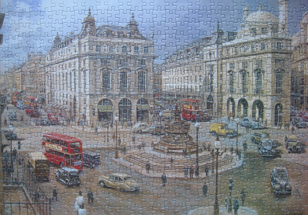 A vintage painting of London's Piccadilly Circus featuring iconic red double-decker buses and historic stone architecture.