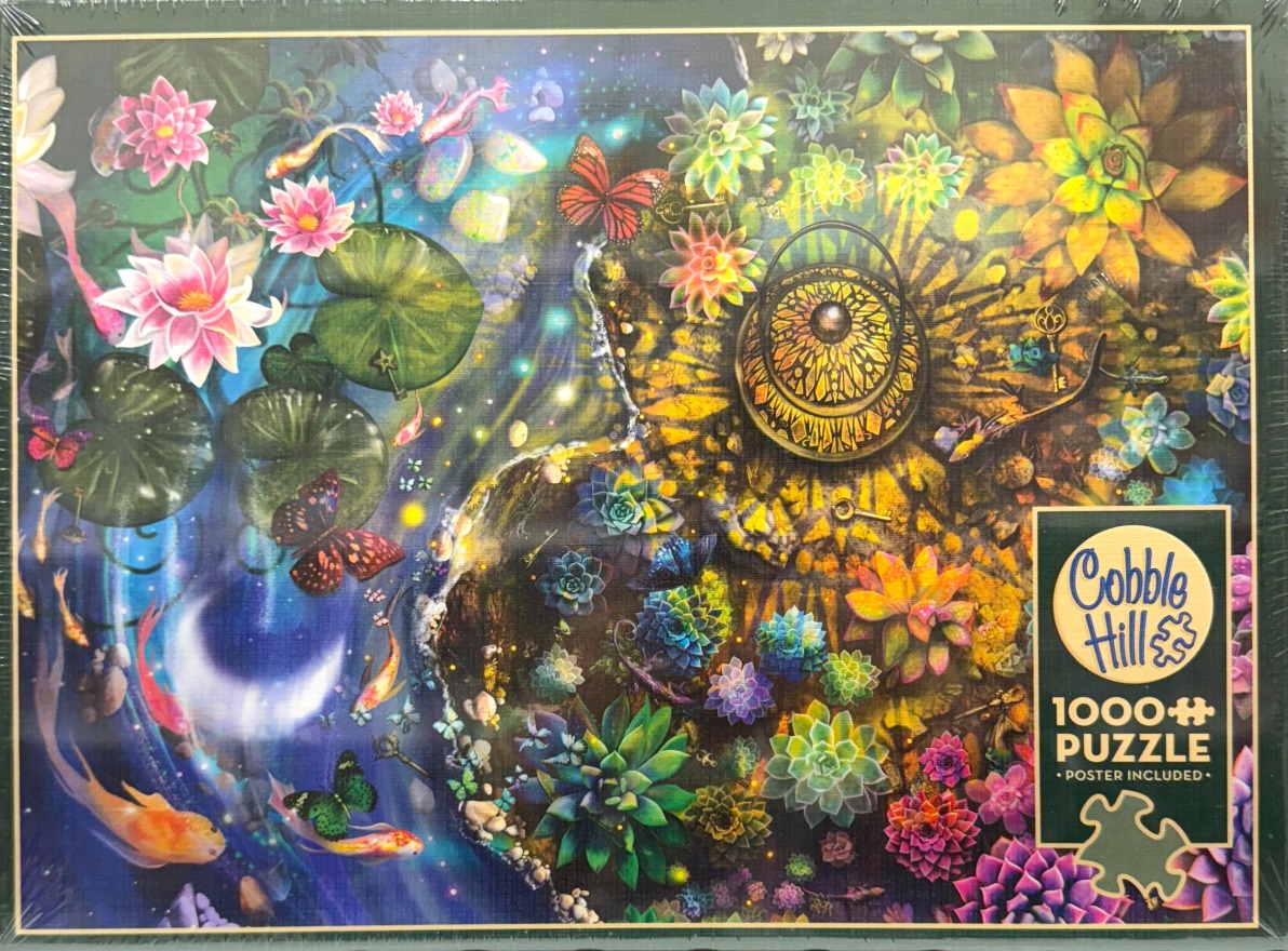 Fantasy art featuring a glowing lotus pond, koi fish, butterflies, and a garden of succulents
