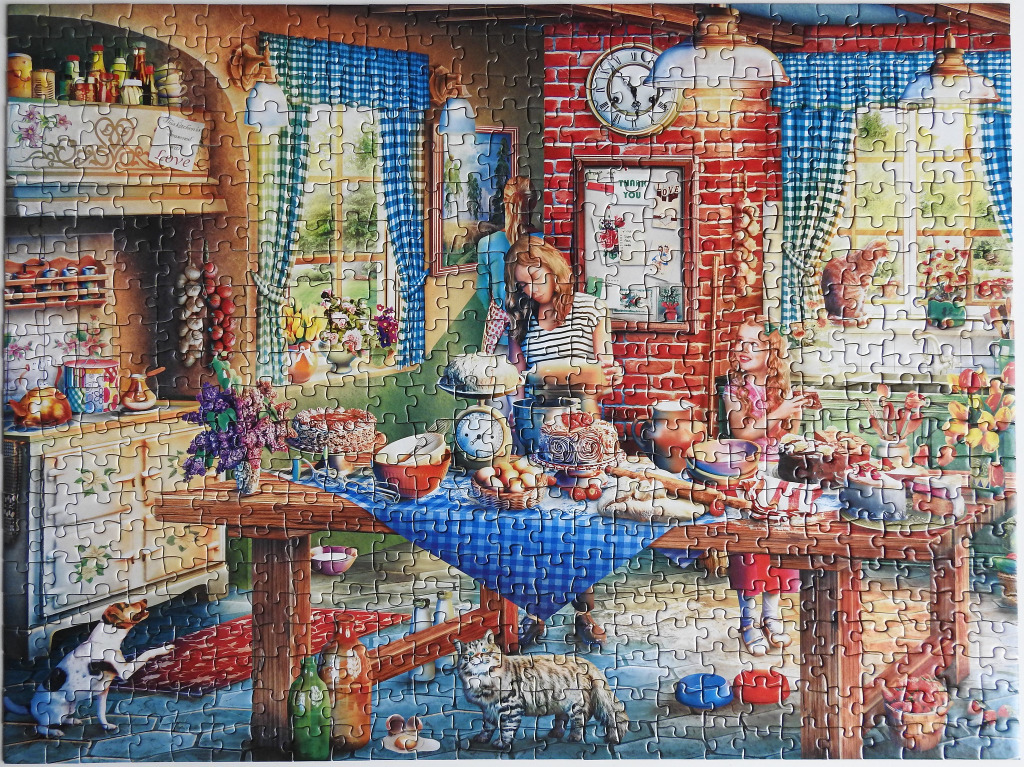 A cozy country kitchen scene with a mother and child baking, surrounded by pets and rustic decor.