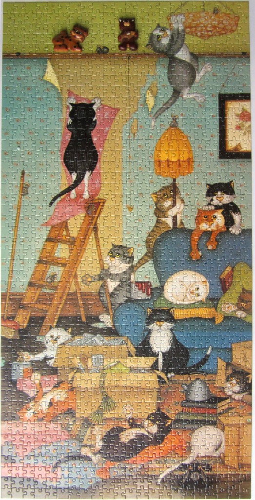 Whimsical illustration of numerous cats causing chaos in a room filled with furniture and boxes.