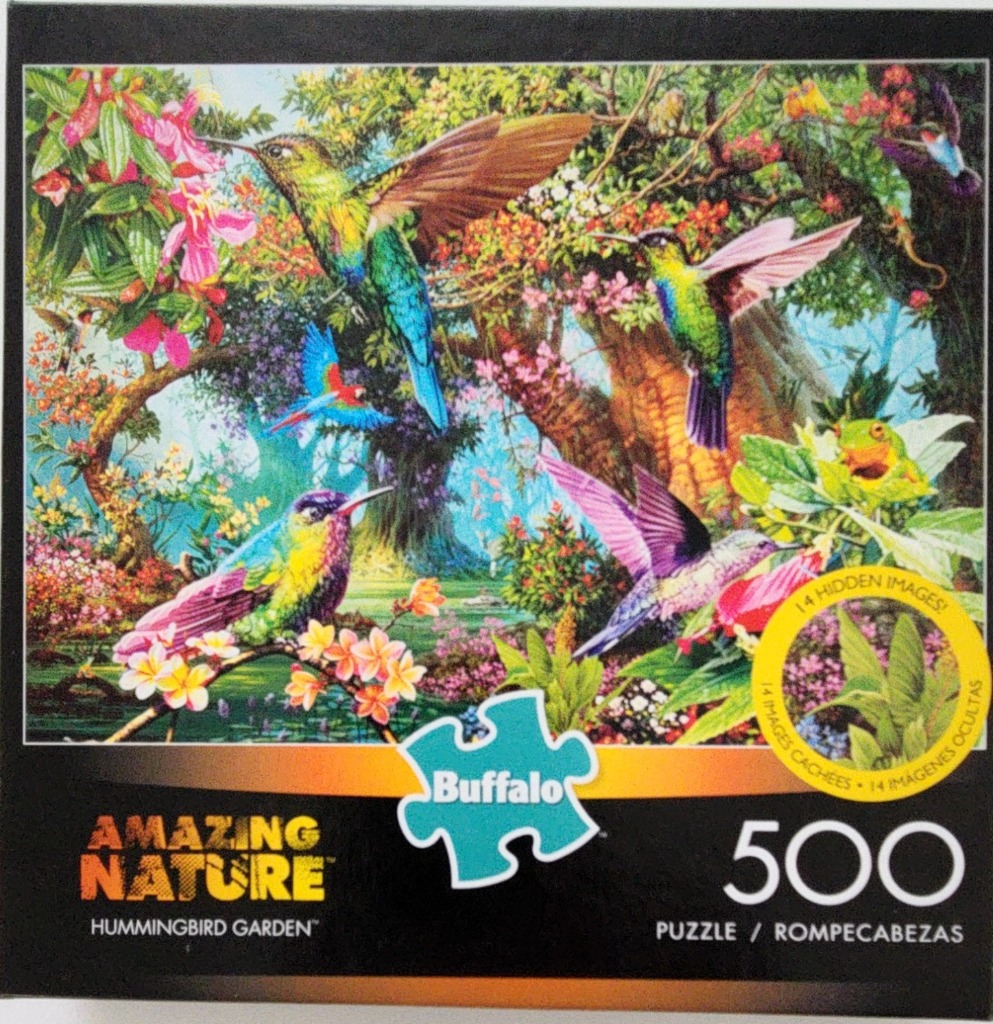 Vibrant, multi-colored hummingbirds in a lush, tropical garden scene.