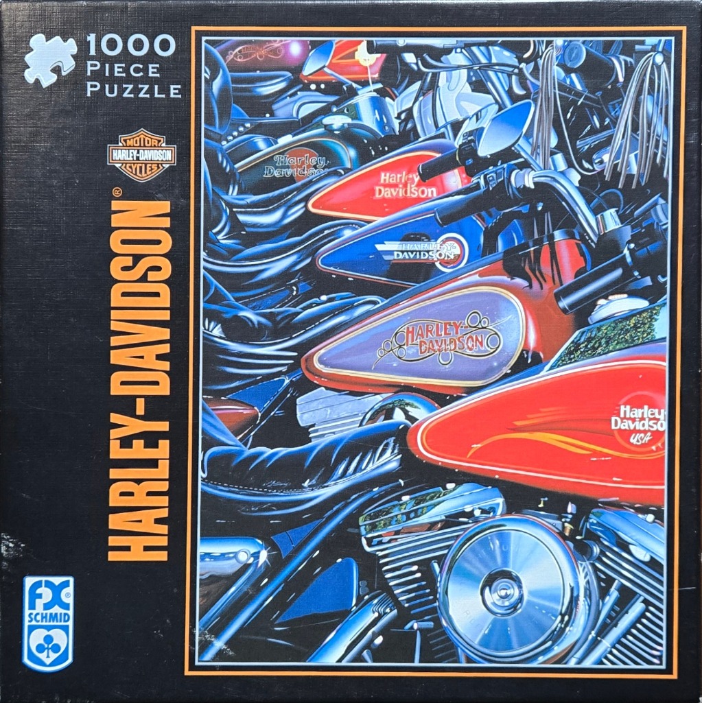 Illustration of a dense cluster of shiny, colorful motorcycle fuel tanks and chrome engine parts.