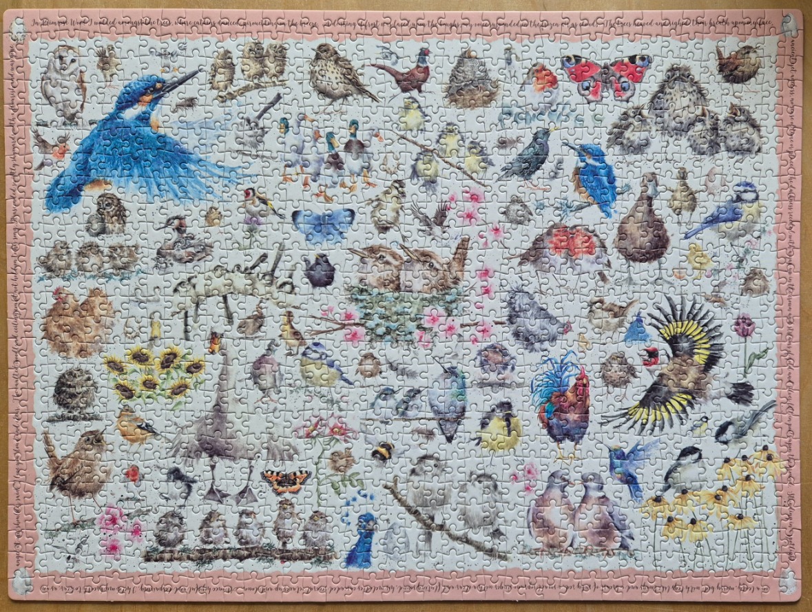 A whimsical illustration of many different birds and butterflies on a pale background with text framing the edges.
