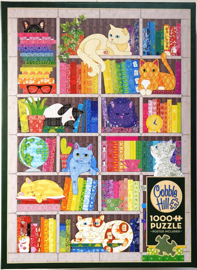 A whimsical illustration of a multi-tiered wooden bookshelf filled with colorful books and various cats.