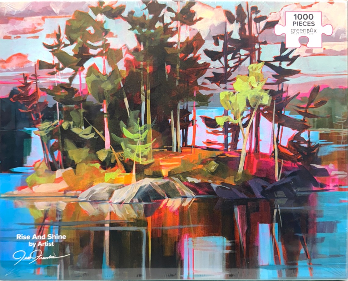 Impressionistic oil painting of a wooded island in a lake at sunset with vibrant pink, orange, and blue colors.
