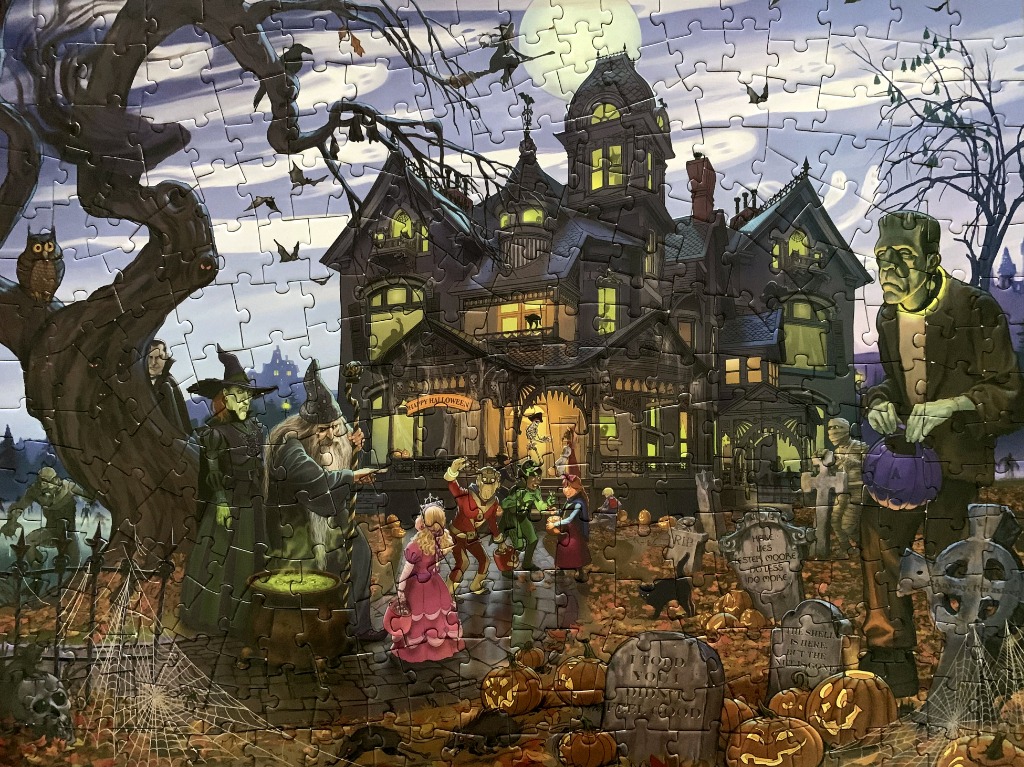 A Halloween illustration featuring a spooky Victorian mansion, classic monsters, and children in costumes.