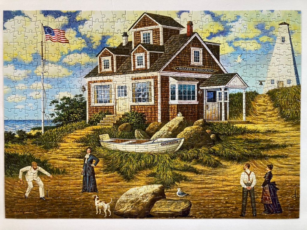 An illustration of a shingled coastal house named Noah's Hideout with a lighthouse, a small boat, and Victorian-era figures.