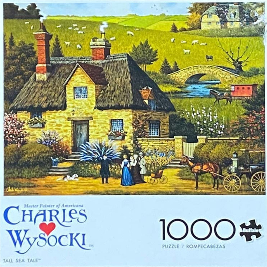 A pastoral landscape painting featuring a stone cottage, rolling green hills, a stone bridge, and horse-drawn carriages.