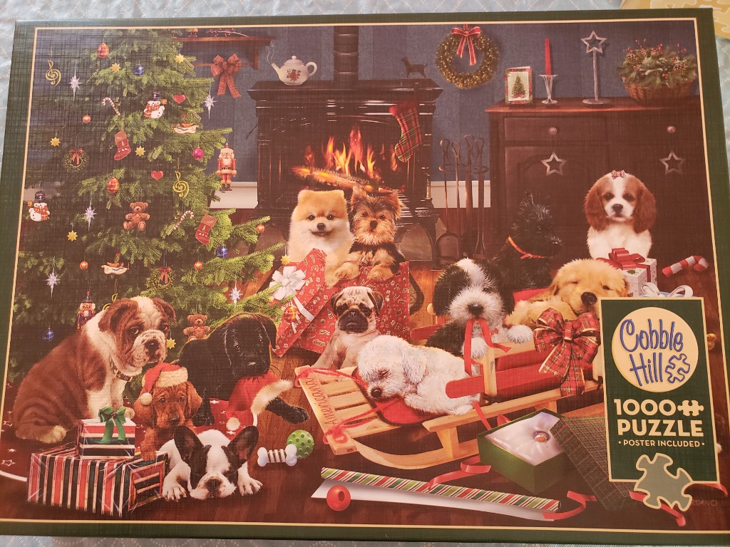A cozy Christmas scene featuring a group of ten different dog breeds gathered in a warm living room by a fireplace.