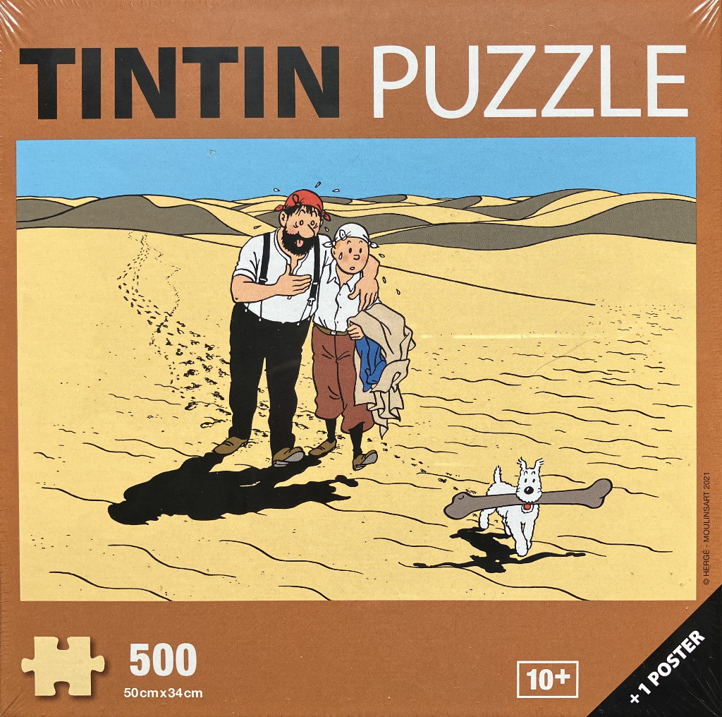Tintin, Captain Haddock, and Snowy walking through a desert in a clear-line comic style illustration.