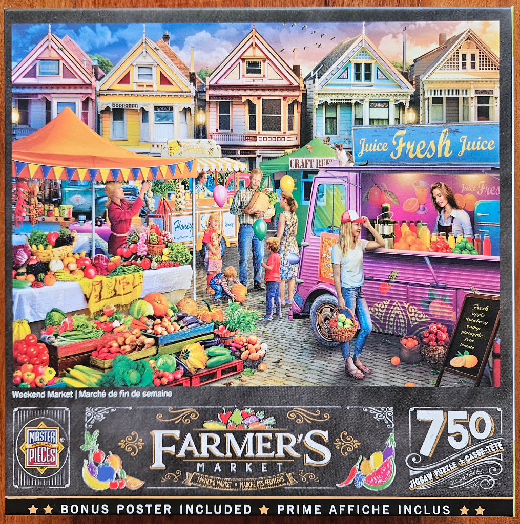 A lively weekend farmers market set in front of colorful Victorian houses.