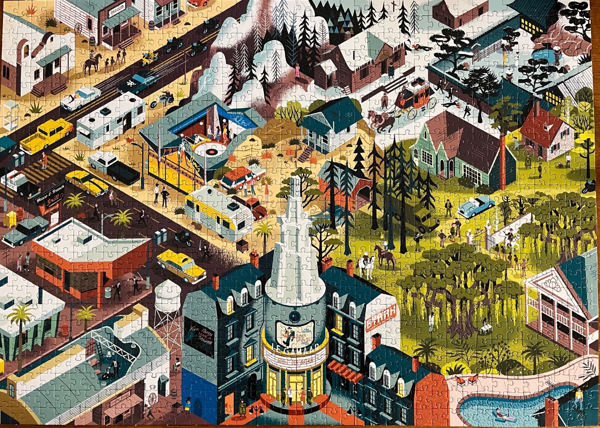 Illustrated isometric map of a whimsical town with buildings, vehicles, and parkland.