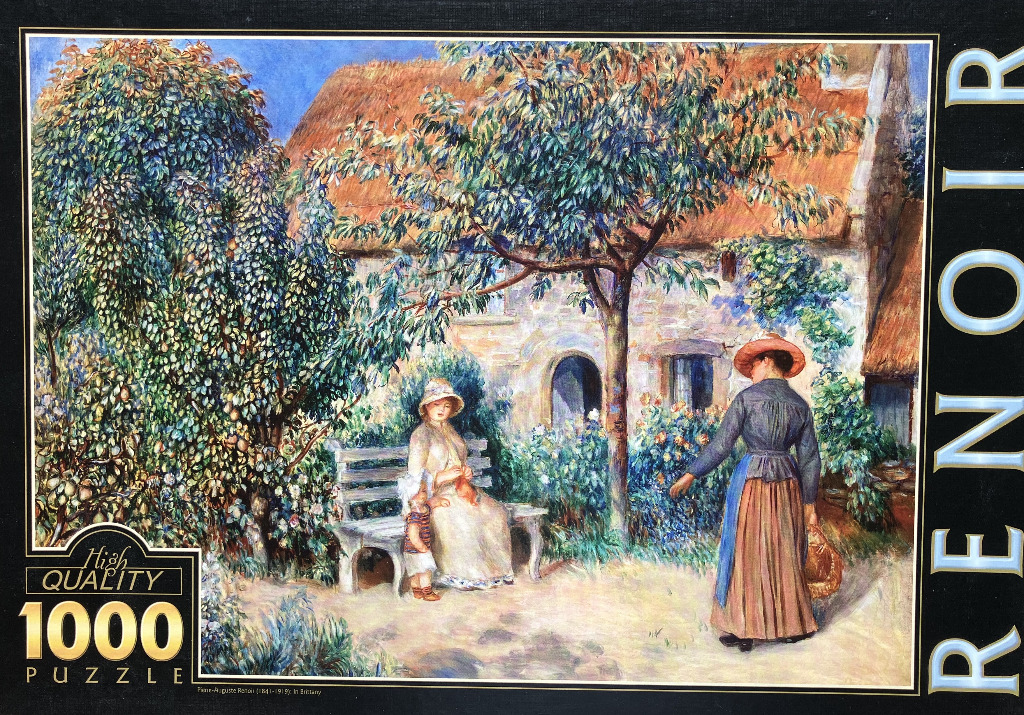 Impressionist painting of a woman and child on a bench in front of a rustic cottage.