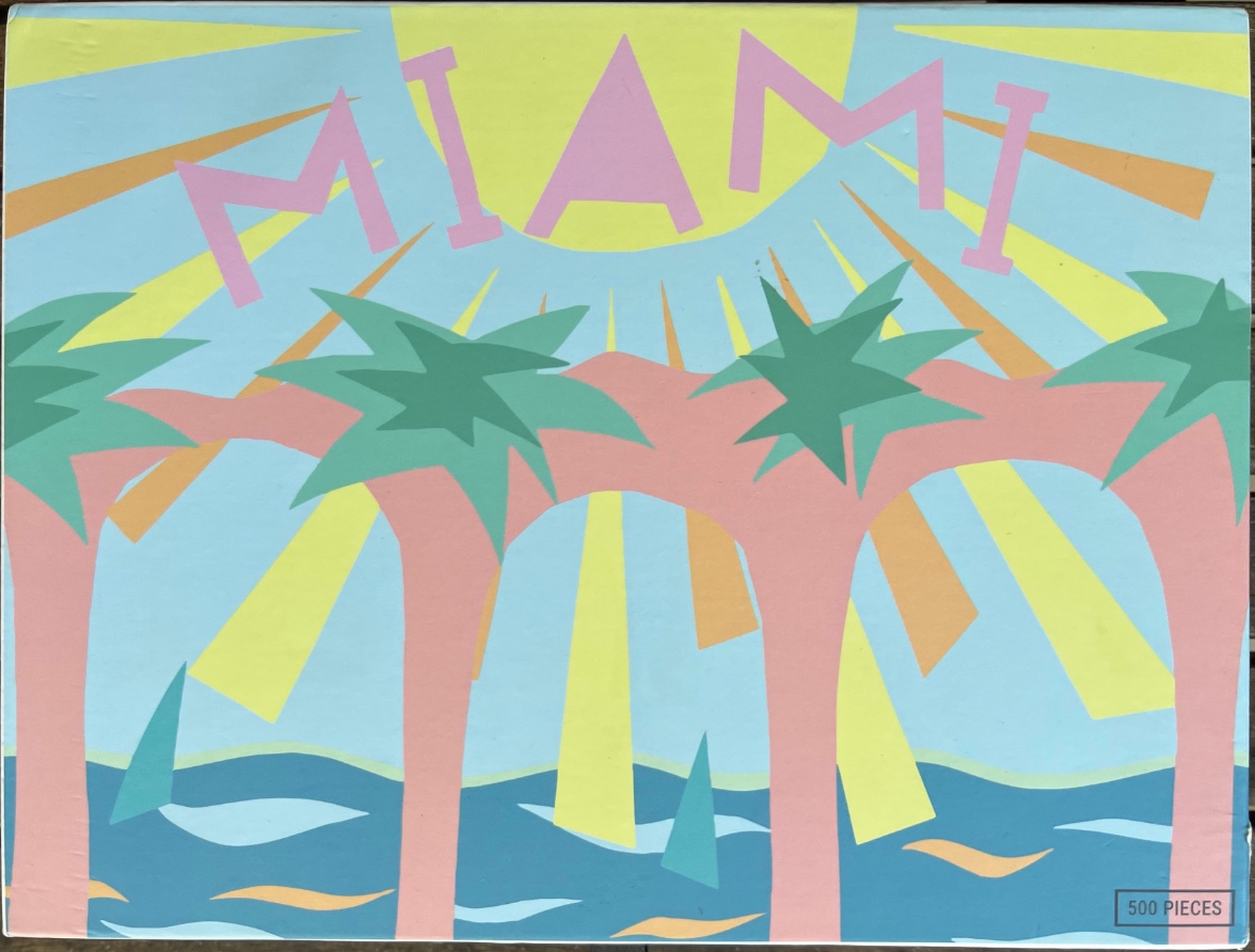Stylized retro illustration of palm trees and the sun with the word MIAMI in pastel colors