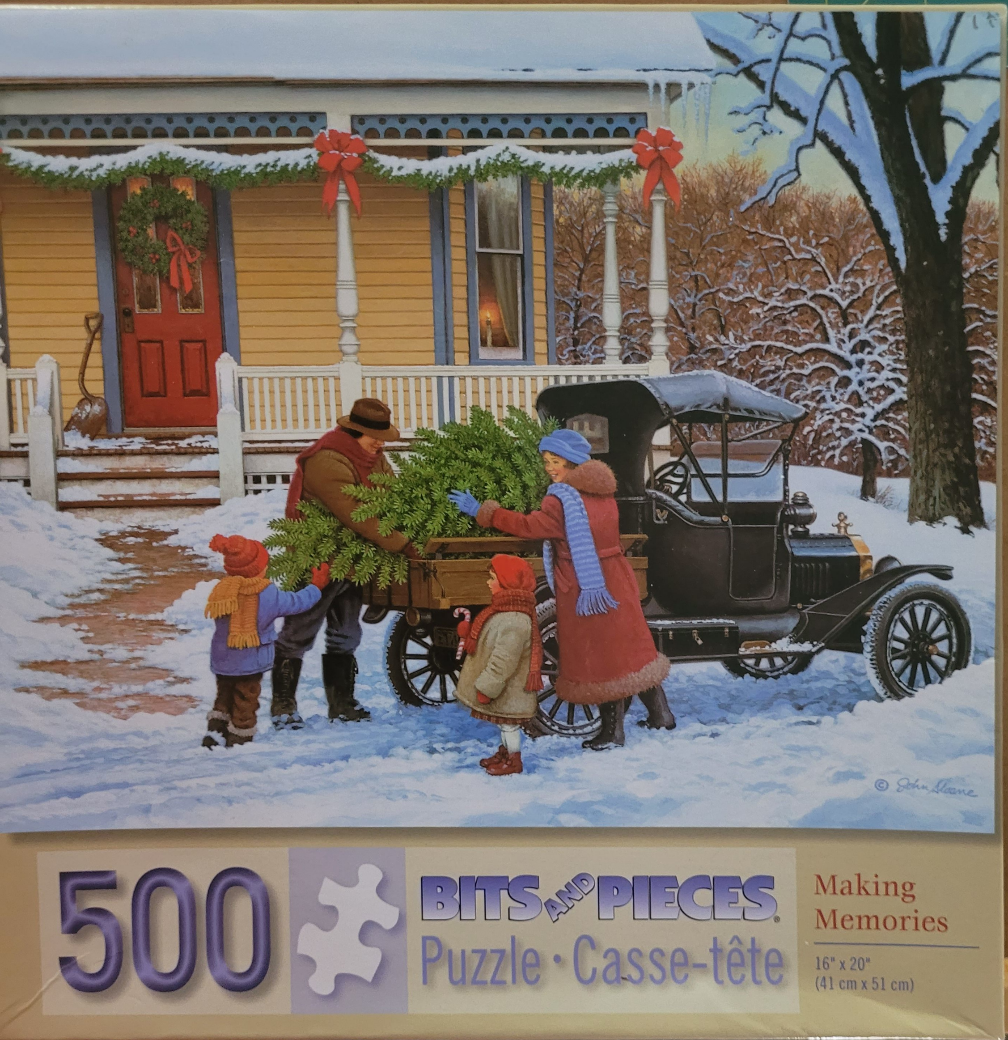 A nostalgic painting of a family unloading a Christmas tree from a vintage car in front of a yellow house in winter.