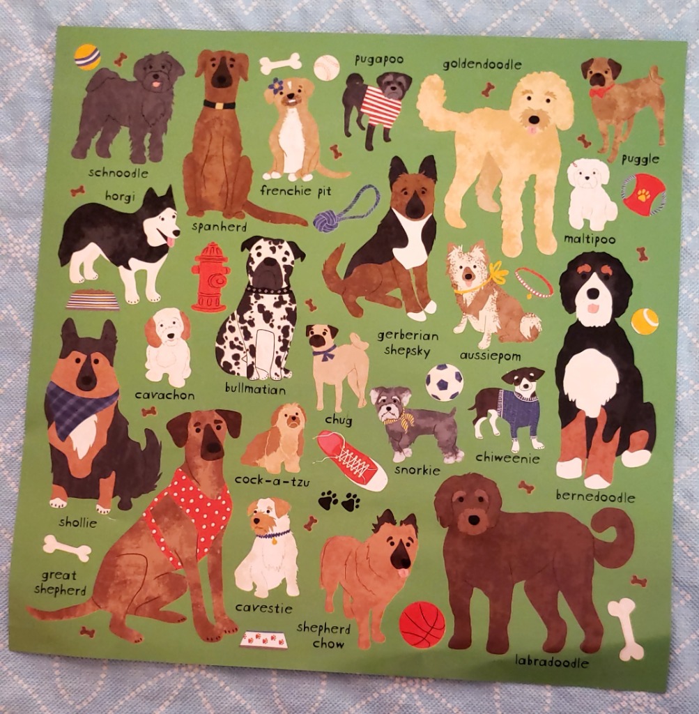 An illustrated grid of various mixed-breed dogs on a sage green background with toy and bone accents.