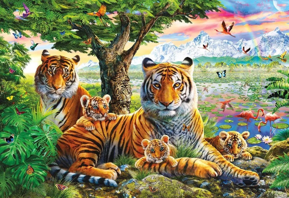 A family of tigers in a lush jungle landscape with mountains and birds.