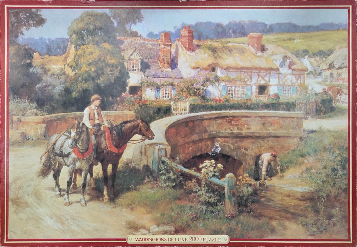 An oil painting of a man on horseback near a country bridge, with a cottage in the background.