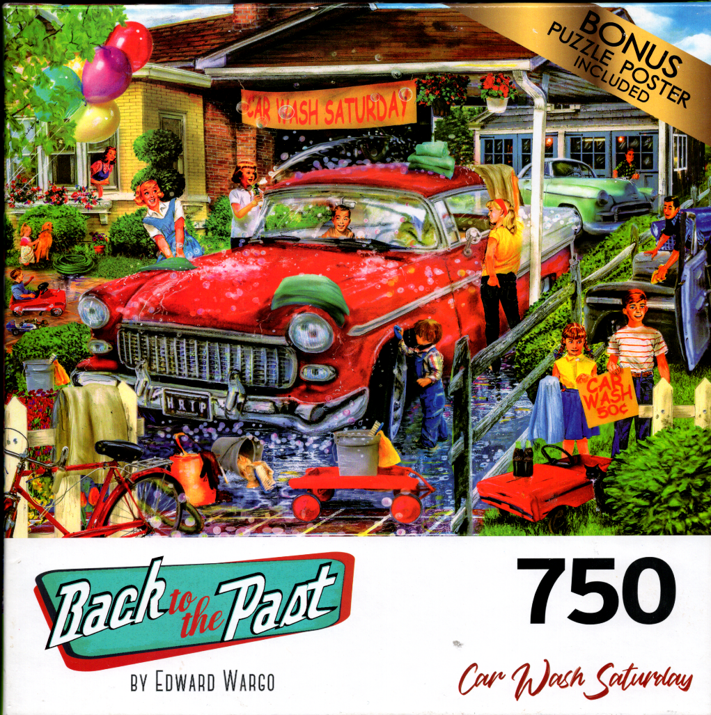 A nostalgic 1950s scene of a family washing a shiny red vintage car in a sunny suburban driveway.