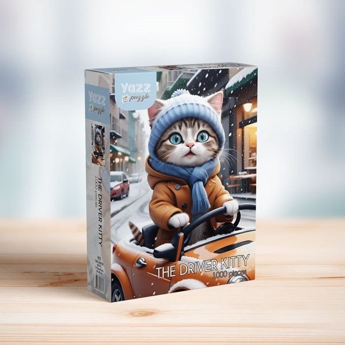 A cute tabby kitten wearing a winter hat and scarf while driving a small orange car through a snowy city street.