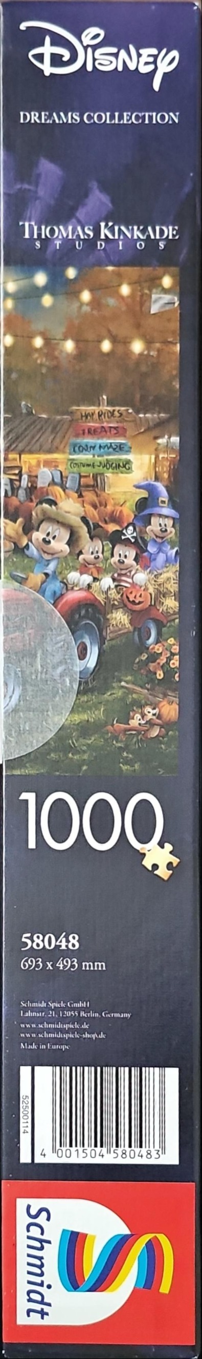 Mickey Mouse and friends riding on a tractor at a fall festival with a pumpkin patch, corn maze, and string lights.