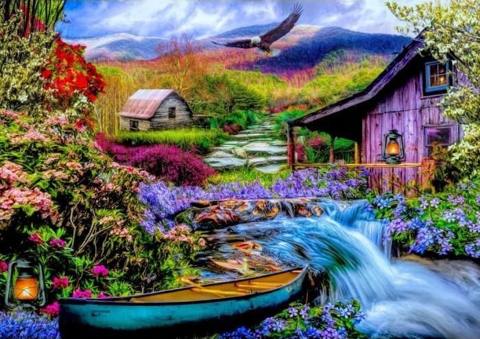 A lush landscape featuring a purple cabin, a flowing stream with a canoe, and a soaring eagle.