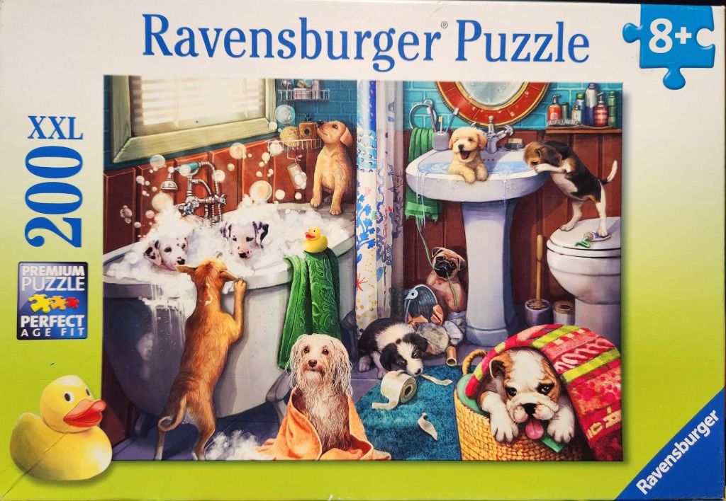 A bathroom scene filled with several puppies playing with bubbles and bath accessories.