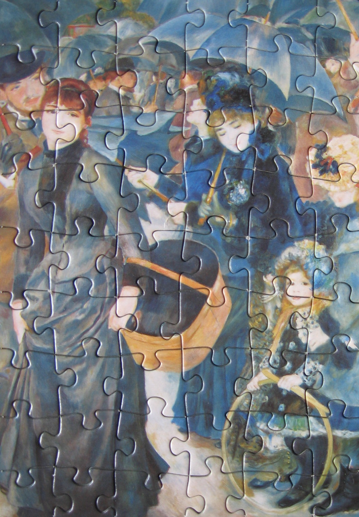 An impressionist painting depicting a crowd of people in Paris during a rainstorm, holding umbrellas.