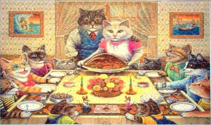 A whimsical illustration of a large family of anthropomorphic cats gathered around a dining table for a festive meal.