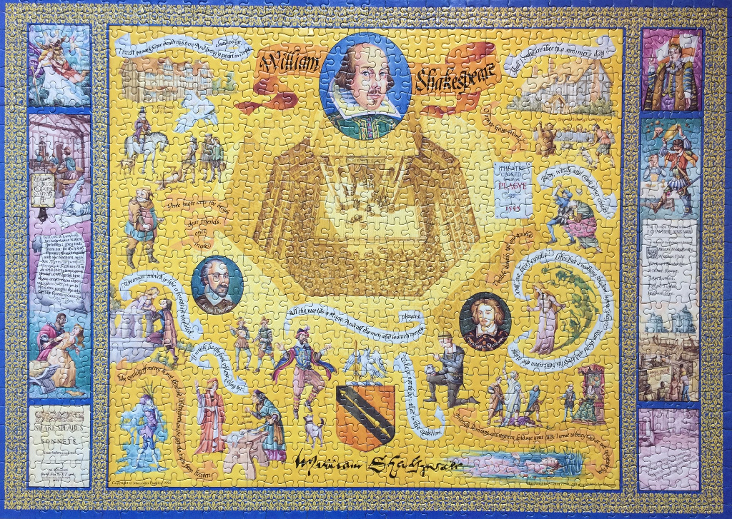 An illustrated tribute to William Shakespeare featuring portraits, quotes, and scenes from his plays.