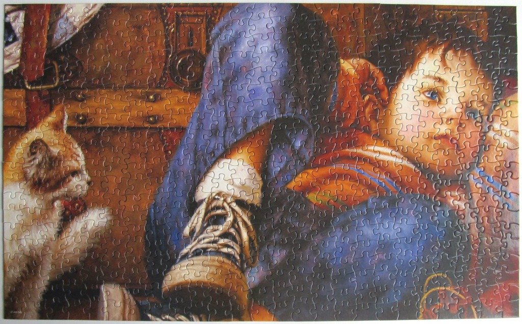 A detailed painting of a child resting their head on their knees next to a small kitten, set against a wooden background.