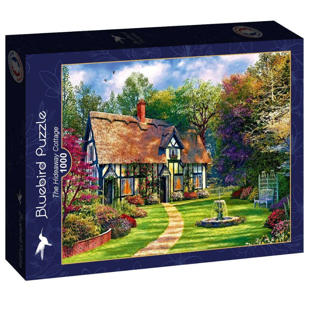 A charming thatched-roof cottage in a lush, blooming garden with a stone fountain and a winding path.
