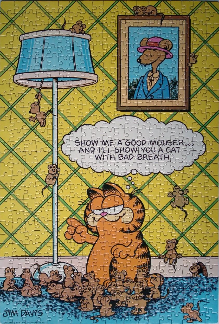 Garfield the cat surrounded by mice in a living room, with a thought bubble containing a humorous quote.
