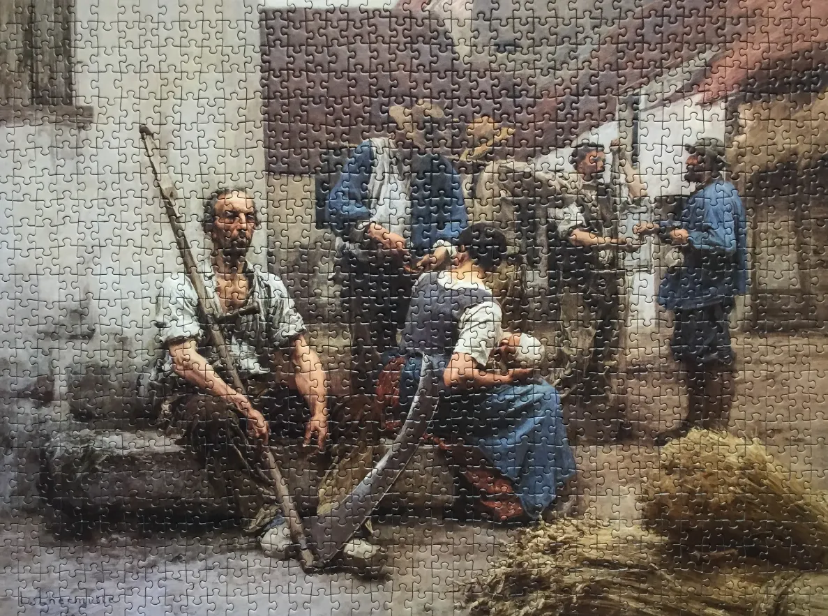 A realistic oil painting depicting a group of rural peasants resting in a courtyard.
