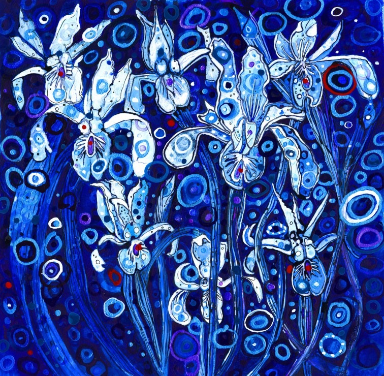 Abstract illustration of stylized blue irises set against a background of circular patterns