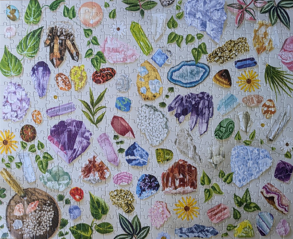 A collection of colorful minerals, crystals, and botanical illustrations scattered across a light grey background.