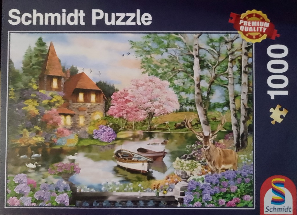 A peaceful landscape painting featuring a stone cottage, a tranquil pond with rowboats, and a deer in a flowering garden.