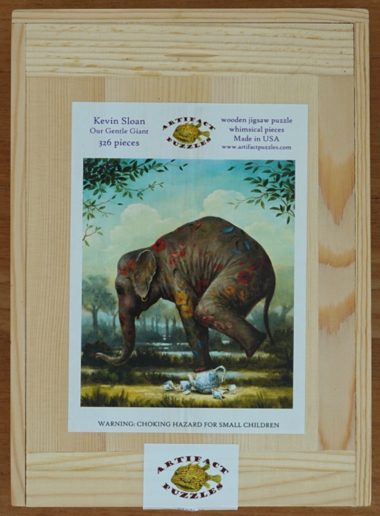 Painting of an elephant decorated with red poppies standing over a broken porcelain teapot in a misty landscape.