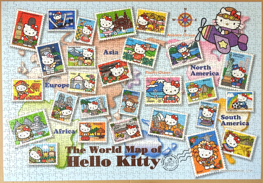 A whimsical world map illustrated with stamps of Hello Kitty dressed in traditional cultural costumes from various countries.