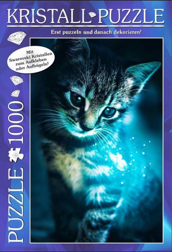 Close-up of a tabby kitten illuminated by a glowing blue magical butterfly in a dark setting.
