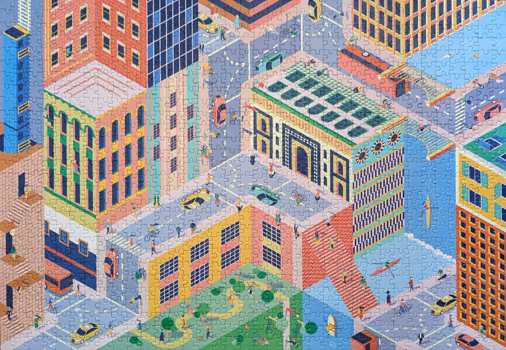 Isometric illustration of a vibrant, multi-layered city with buildings, streets, and people in a flat, colourful style.