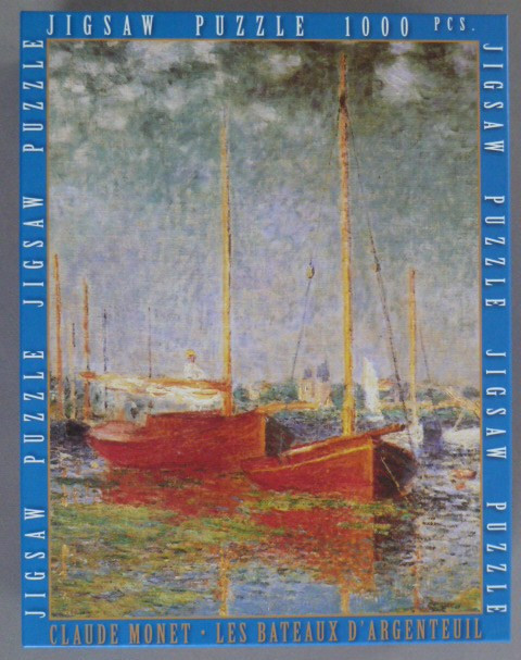 Impressionist painting of red sailboats on a river, titled Les Bateaux d'Argenteuil by Claude Monet.