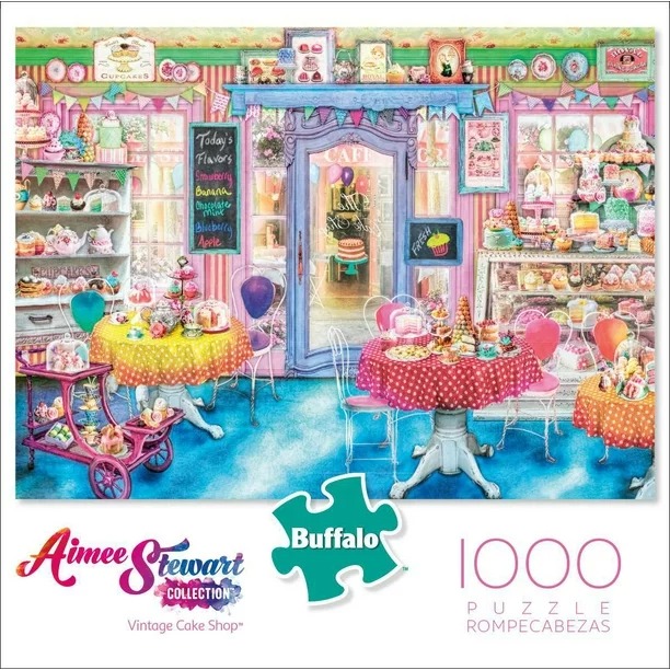 A whimsical, colourful illustration of a vintage-style cake shop interior with tables and tiered dessert displays.