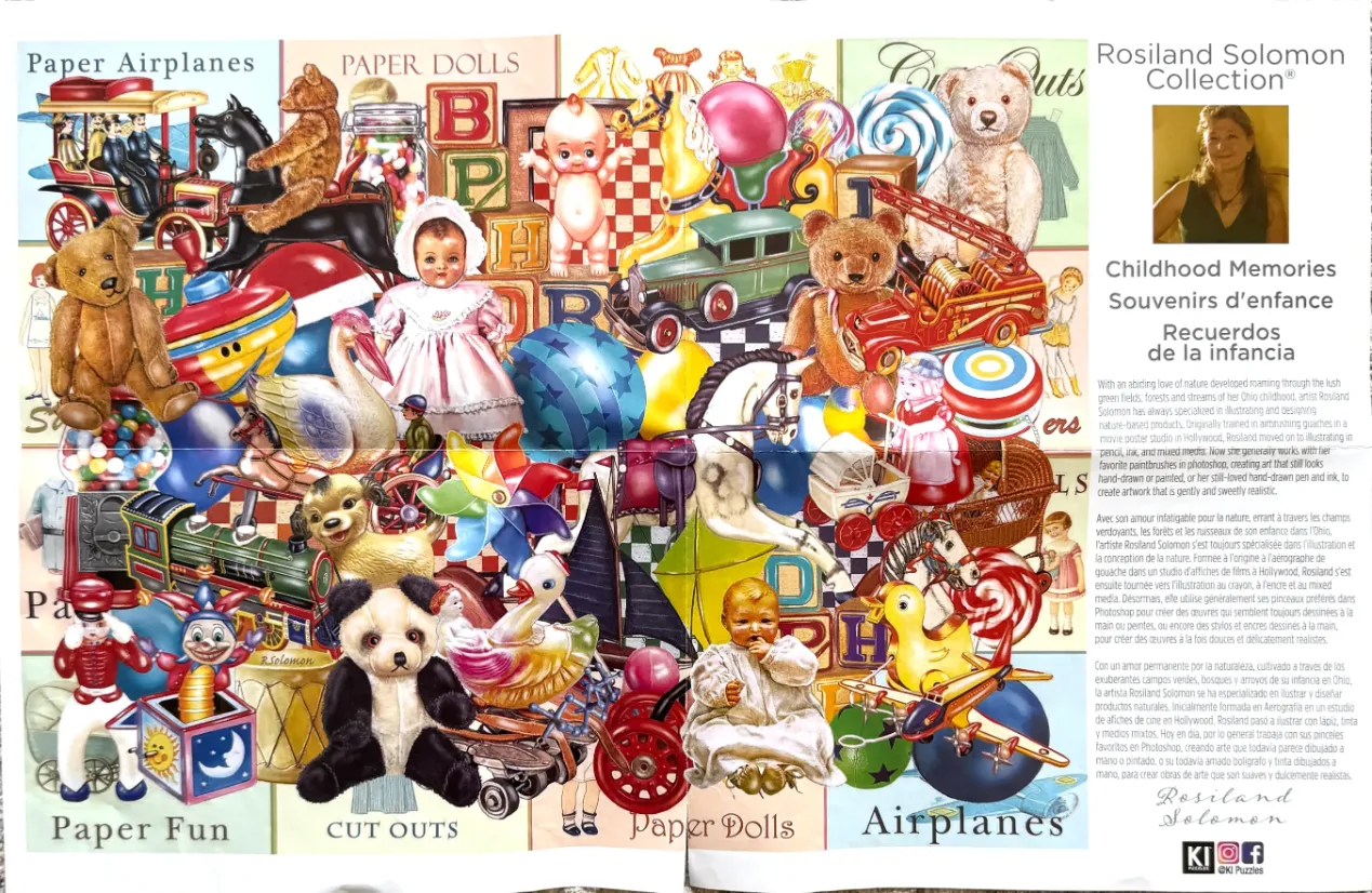 A nostalgic collage of vintage toys including teddy bears, dolls, trains, and a jack-in-the-box against a grid background.
