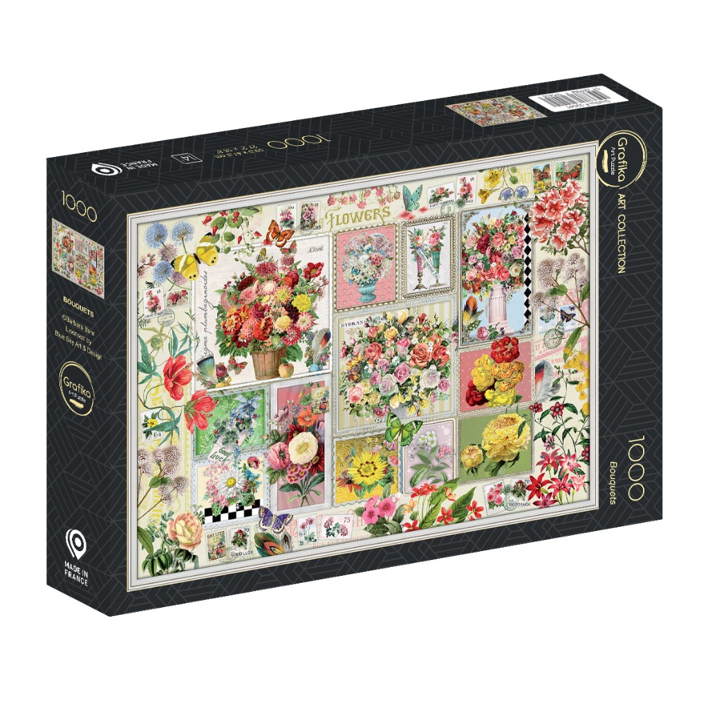 A collage of floral bouquets, vintage postage stamps, and butterflies in a botanical art style.