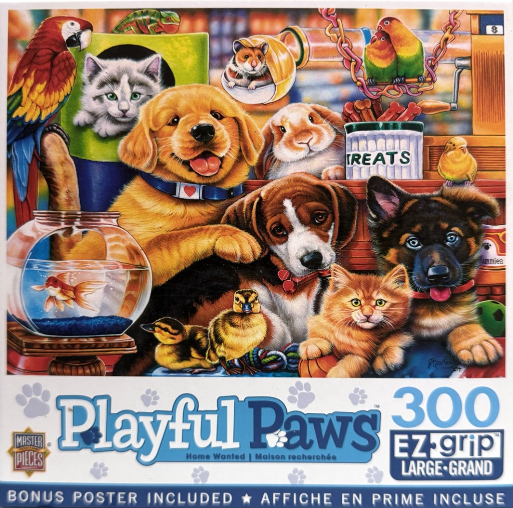 A colorful illustration of many different young animals including puppies, kittens, birds, a hamster, and a goldfish.