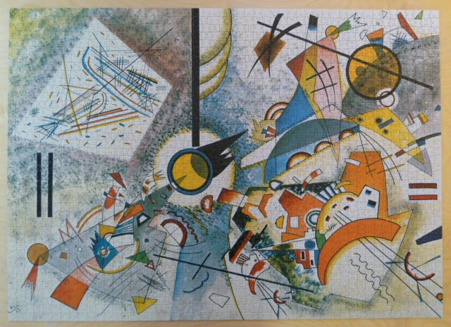 An abstract painting by Wassily Kandinsky featuring geometric shapes, lines, and soft watercolor-like textures.